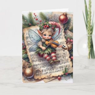 Carte Noël Pixie Fairy Jouer un violon