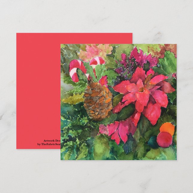Carte Noel Poinsettia peinture aquarelle originale (Devant / Derrière)