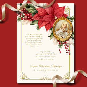 Carte Noël religieux Poinsettia Baby Jesus