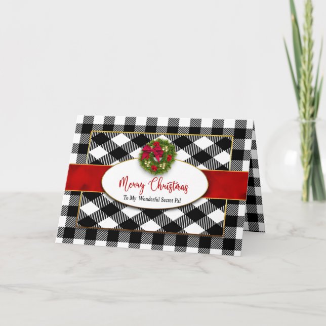 Carte Noël Secret Pal Noir Blanc Plaid Wreath (Devant)