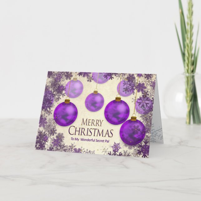 Carte Noël, Secret Pal, Ornements Violets/SnowFlake (Devant)