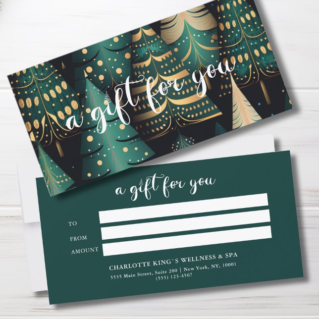 Carte NOËL TREE BUSINESS CERTIFICACACE cadeau pour vous (Salon, Christmas-Tree-Green-Gold- Script Font, Elegant, Festive, Business Gift Certificate "A gift f)