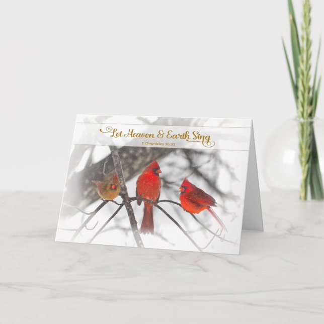 Carte Noël, Versets chrétiens, Neige, Cardinaux rouges (Devant)