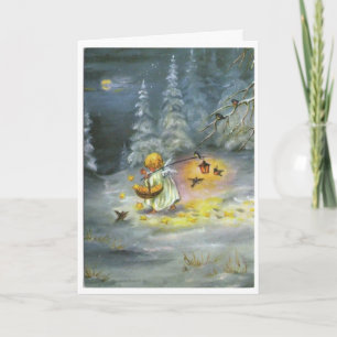 Carte Noël vintage - ange et panier des étoiles,