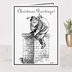 Carte Noir Blanc Vintage Père Noël Descend Chimney