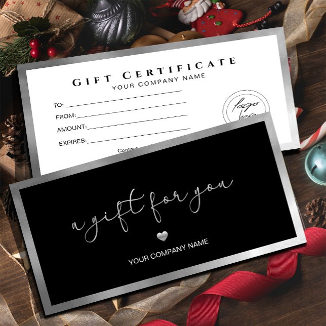 Carte Noir et argent moderne Ajouter un logo certificat  (#giftcertificate #silverframegiftcard #giftcard #Christmas #holiday #newyear #caligraphic #silvfoil )