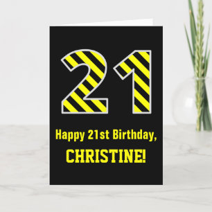 Carte Noir et Jaune rayé "21"; 21e anniversaire + nom