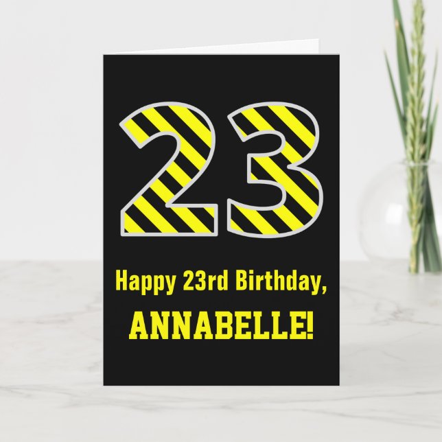 Carte Noir et jaune rayé "23"; 23e anniversaire + nom (Devant)