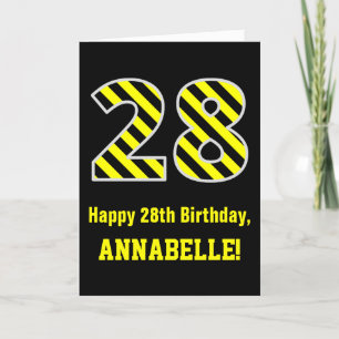 Carte Noir et jaune rayé "28"; 28e anniversaire + nom