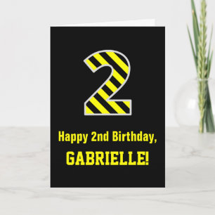 Carte Noir et Jaune rayé "2"; 2e anniversaire + nom