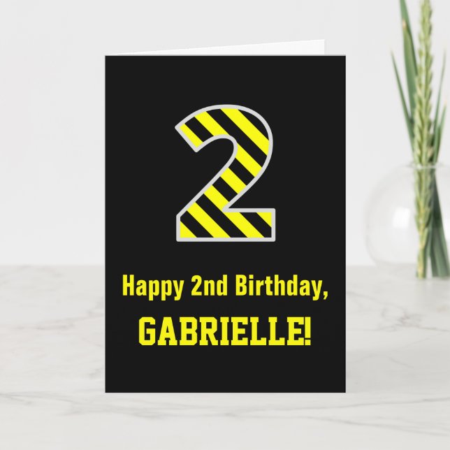 Carte Noir et Jaune rayé "2"; 2e anniversaire + nom (Devant)