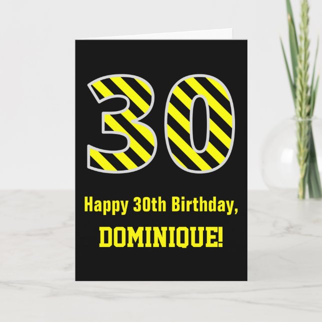 Carte Noir et Jaune rayé "30"; 30e anniversaire + nom (Devant)