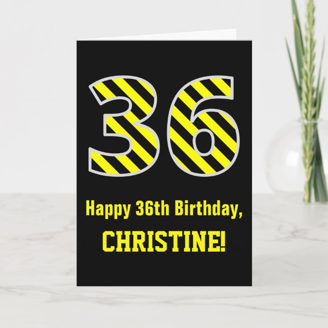 Carte Noir et jaune rayé "36"; 36e anniversaire + nom (Devant)