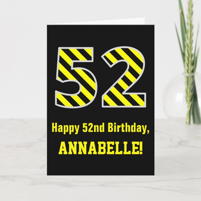 Carte Noir et jaune rayé "52"; 52e anniversaire + nom (Devant)