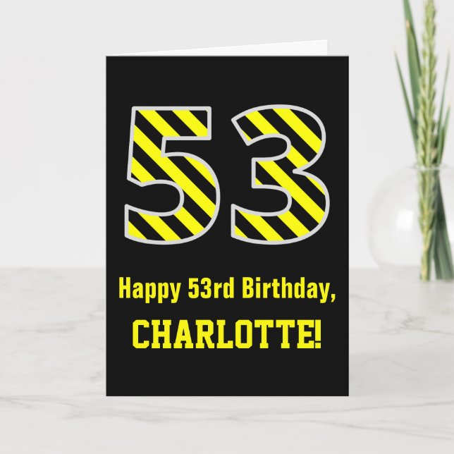 Carte Noir et jaune rayé "53"; 53e anniversaire + nom (Devant)