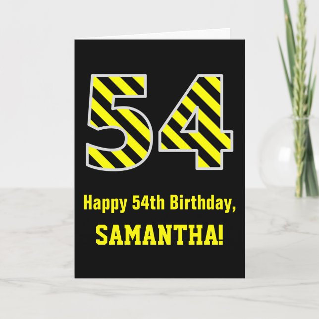 Carte Noir et jaune rayé "54"; 54e anniversaire + nom (Devant)