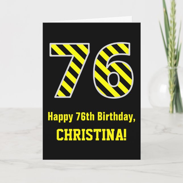 Carte Noir et jaune rayé "76"; 76e anniversaire + nom (Devant)