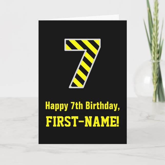 Carte Noir et Jaune rayé "7"; 7e anniversaire + nom (Devant)
