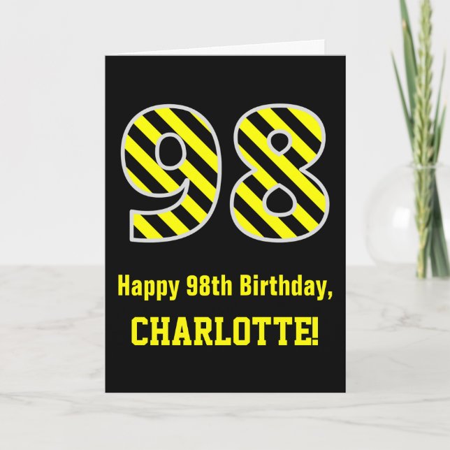 Carte Noir et jaune rayé "98"; 98e anniversaire + nom (Devant)