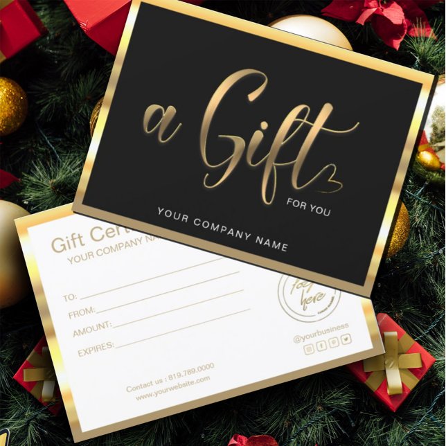 Carte Noir Et Or Modernes | Certificat cadeau logo (elegant gift certificate features a dark black background, with gold handwritten script typography.)