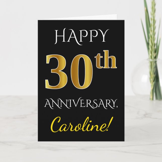 Carte Noir, Faux Gold 30e anniversaire de Mariage + Nom (Devant)