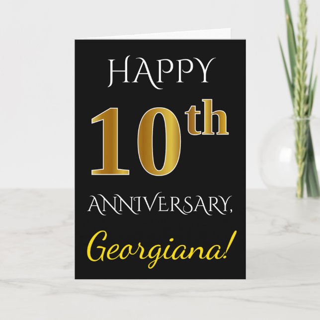 Carte Noir, Faux Or 10e Anniversaire de Mariage + Nom (Devant)