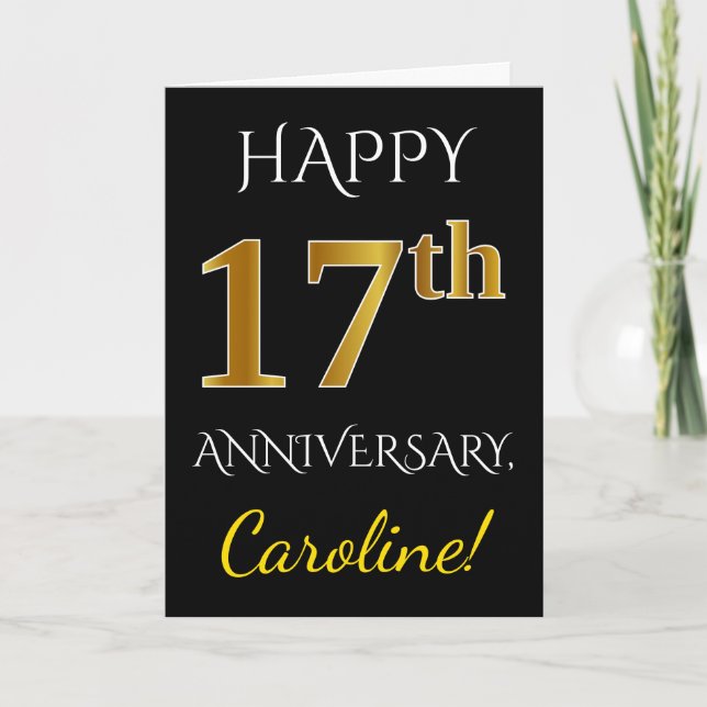 Carte Noir, Faux Or 17ème anniversaire de Mariage + Nom (Devant)