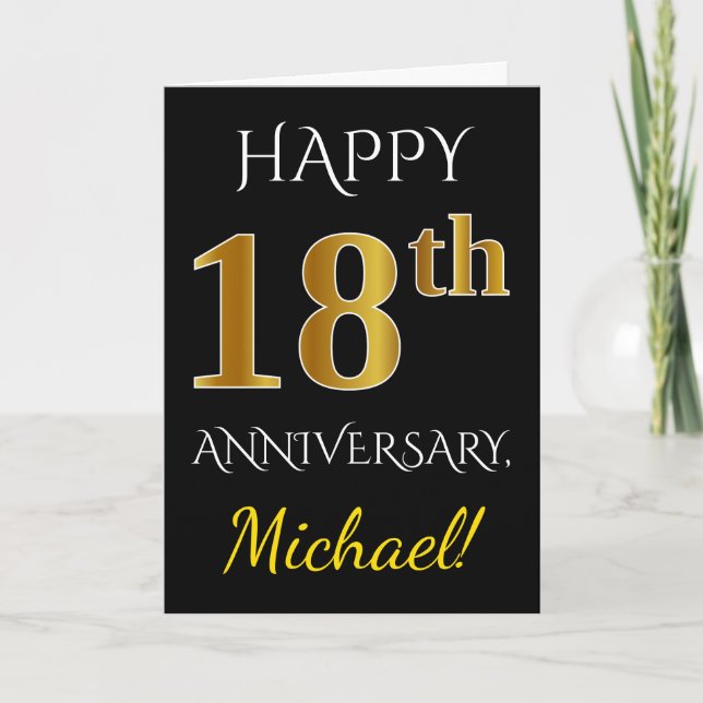 Carte Noir, Faux Or 18ème anniversaire de Mariage + Nom (Devant)