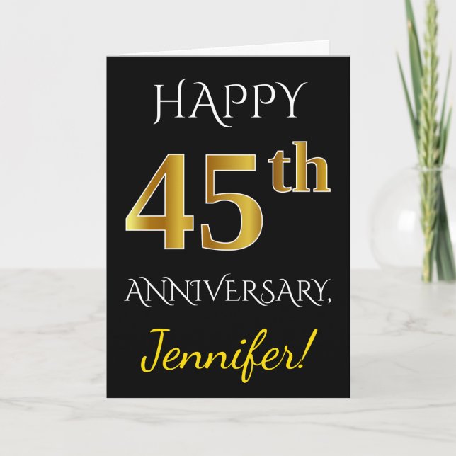 Carte Noir, Faux Or 45e Anniversaire de Mariage + Nom (Devant)