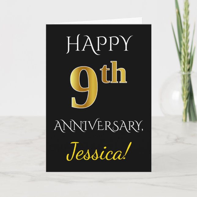 Carte Noir, Faux Or 9ème anniversaire du Mariage + Nom (Devant)
