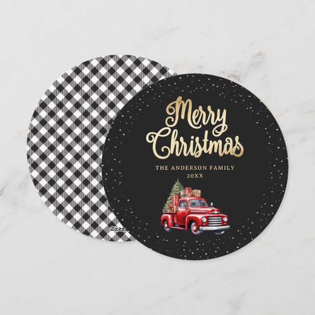 Carte Noir Gold Plaid Red Truck Joyeux Noël (Devant / Derrière)