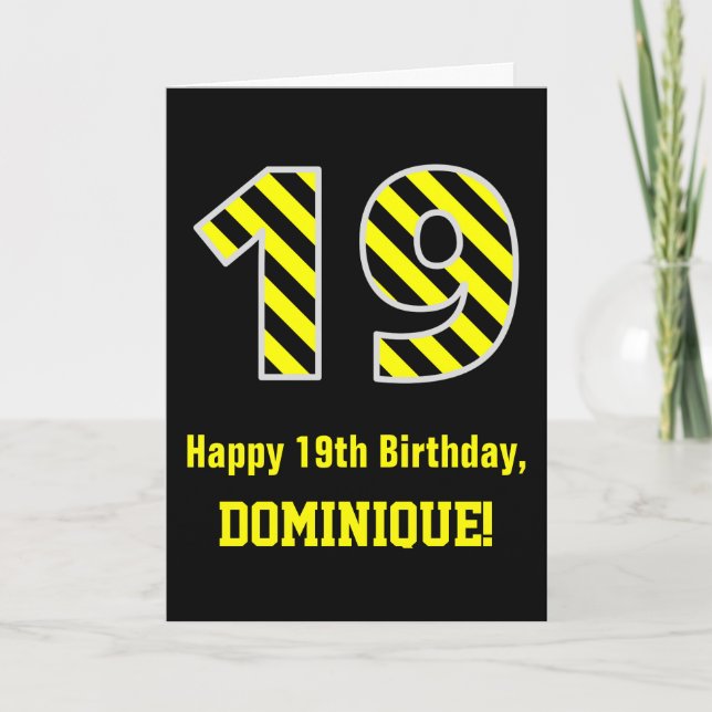 Carte Noir & Jaune rayé "19"; 19e anniversaire + nom (Devant)