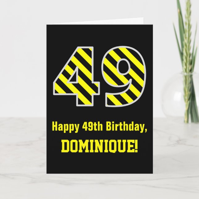 Carte Noir & Jaune rayé "49"; 49e anniversaire + nom (Devant)