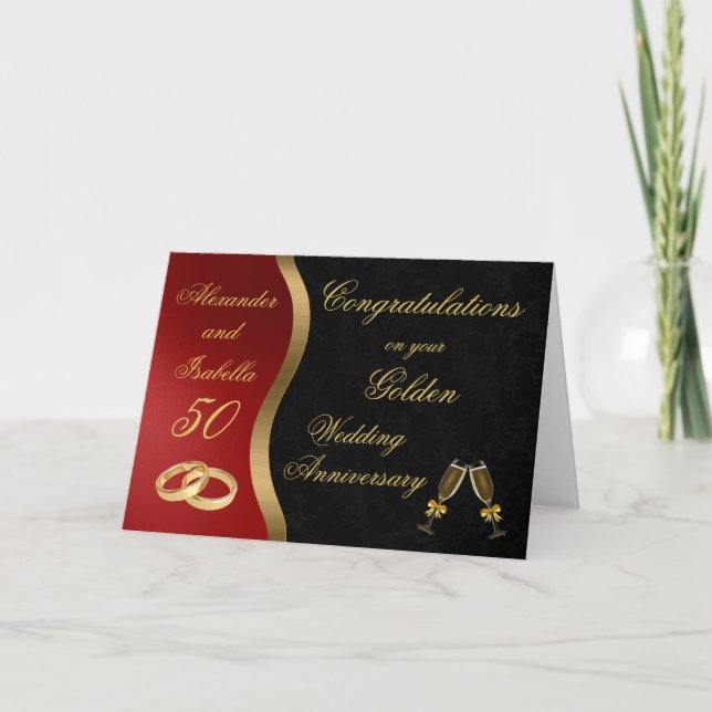 Carte Noir Rouge & Or - Anniversaire Mariage d'or (Devant)