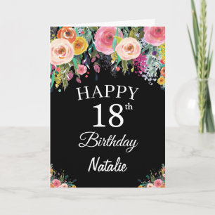 Carte noire avec fleurs florales aquarelle pour 18