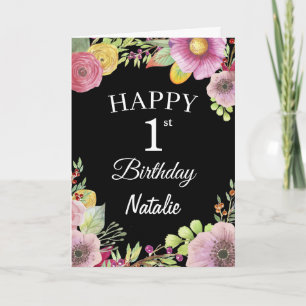 Carte noire de couleur d'eau de 1er anniversaire F