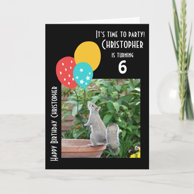 Carte Nom/âge personnalisé, écureuil avec ballons (Devant)