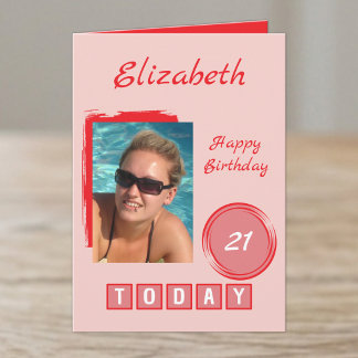 Carte nom de 1 photo rouge rose 21e anniversaire