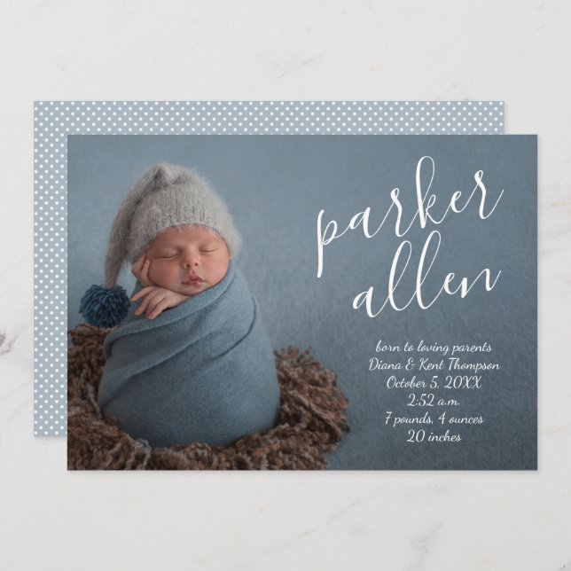 Carte Nom du script Baby Photo Annonces de naissance (Devant / Derrière)