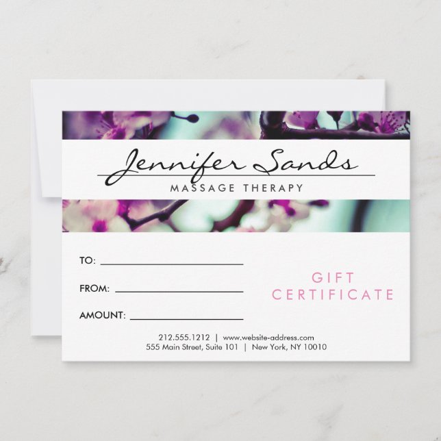 Carte NOM ÉLÉGANT avec certificat cadeau CHERRY BLOSSOMS (Devant)