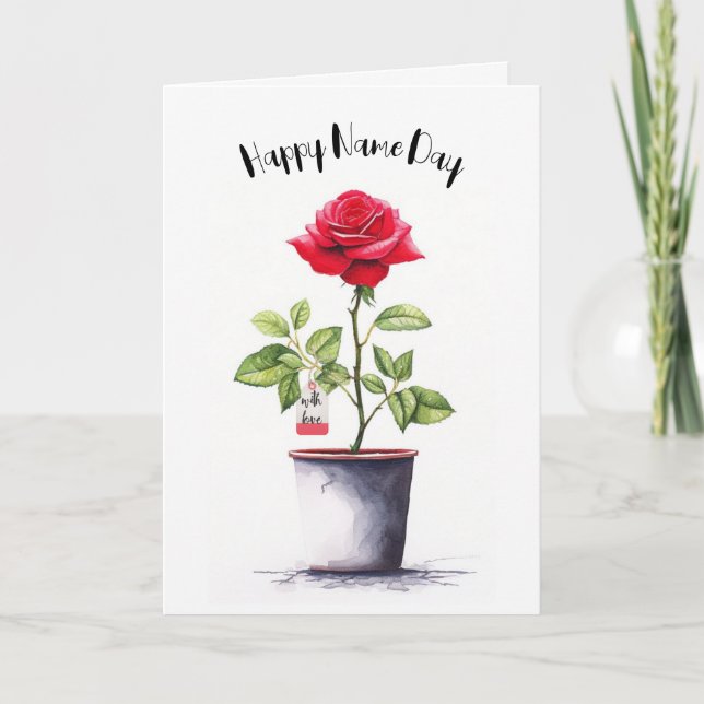 Carte Nom Jour Aquarelle Rouge Rose Bush (Devant)