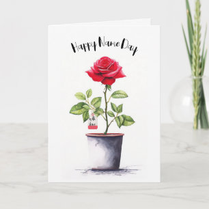 Carte Nom Jour Aquarelle Rouge Rose Bush