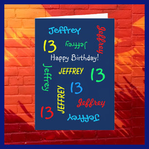 Carte Nom, Joyeux 13e anniversaire, Bleu, Salutation des