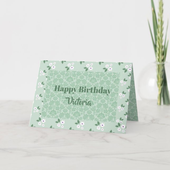Carte Nom mignon Floral Vert Calico Motif Anniversaire (Devant)