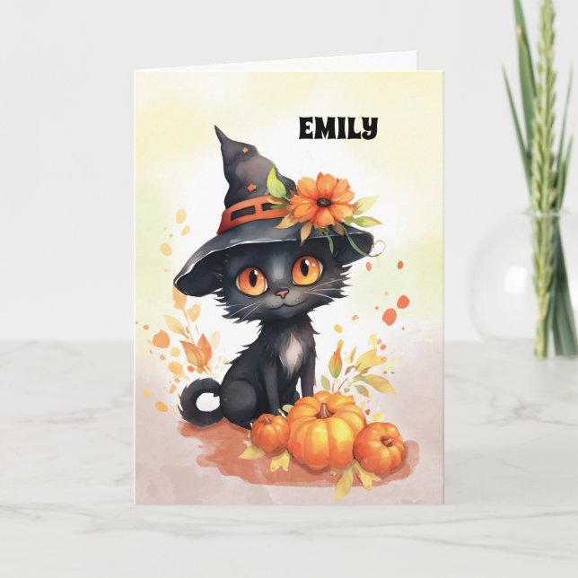 Carte Nom personnalisable Sweet Halloween Chat (Devant)