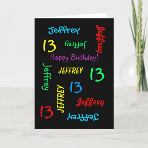Carte Nom personnalisé, 13e anniversaire Salutation noir