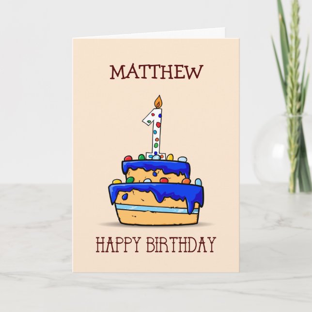 Carte Nom personnalisé, 1er anniversaire, 1 sur le gâtea (Devant)