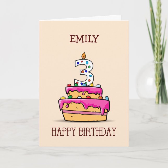 Carte Nom personnalisé, 3e anniversaire, 3 sur gâteau ro (Devant)