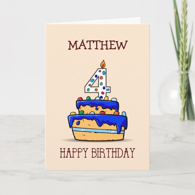 Carte Nom personnalisé, 4e anniversaire, 4 sur le gâteau (Devant)