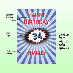 Carte Nom personnalisé âge bleu rétro anniversaire